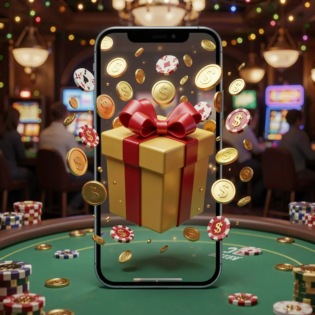 Konsep aplikasi bonus kasino seluler SPN888 yang menampilkan layar ponsel dengan kotak hadiah dan koin yang berhamburan keluar dalam suasana kasino yang meriah Konsep aplikasi bonus kasino seluler SPN888 yang menampilkan layar ponsel dengan kotak hadiah dan koin yang berhamburan keluar dalam suasana kasino yang meriah