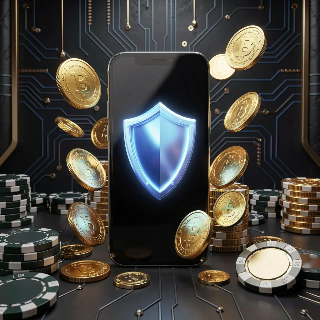 Konsep aplikasi kasino seluler aman SPN888 yang menampilkan ponsel pintar dengan ikon perisai bercahaya dikelilingi koin dan chip emas dengan latar belakang siber mewah yang gelap Konsep aplikasi kasino seluler aman SPN888 yang menampilkan ponsel pintar dengan ikon perisai bercahaya dikelilingi koin dan chip emas dengan latar belakang siber mewah yang gelap