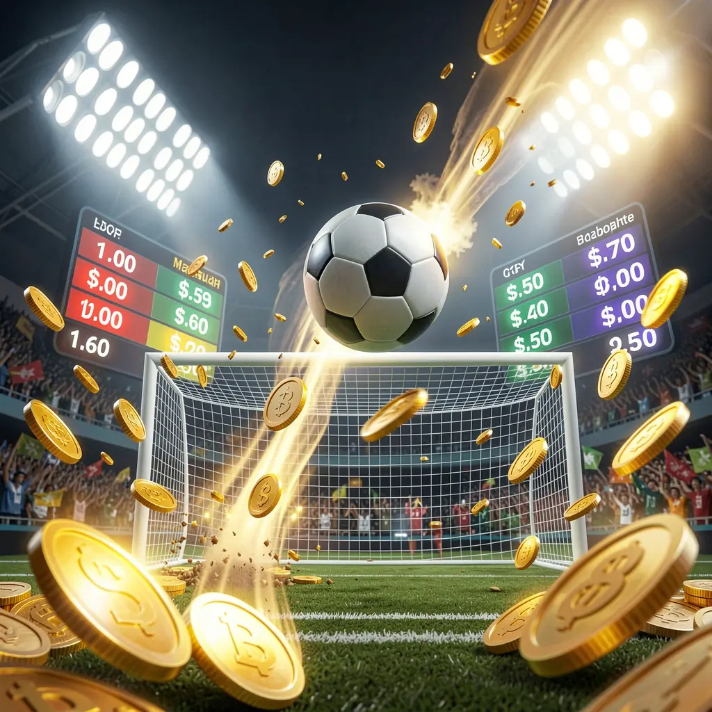 Adegan taruhan pertandingan premium SPN888 dengan bola sepak melayang menuju gawang di stadion yang diterangi lampu sorot, menampilkan antarmuka peluang bercahaya dan koin emas yang menciptakan suasana taruhan olahraga yang dinamis Adegan taruhan pertandingan premium SPN888 dengan bola sepak melayang menuju gawang di stadion yang diterangi lampu sorot, menampilkan antarmuka peluang bercahaya dan koin emas yang menciptakan suasana taruhan olahraga yang dinamis