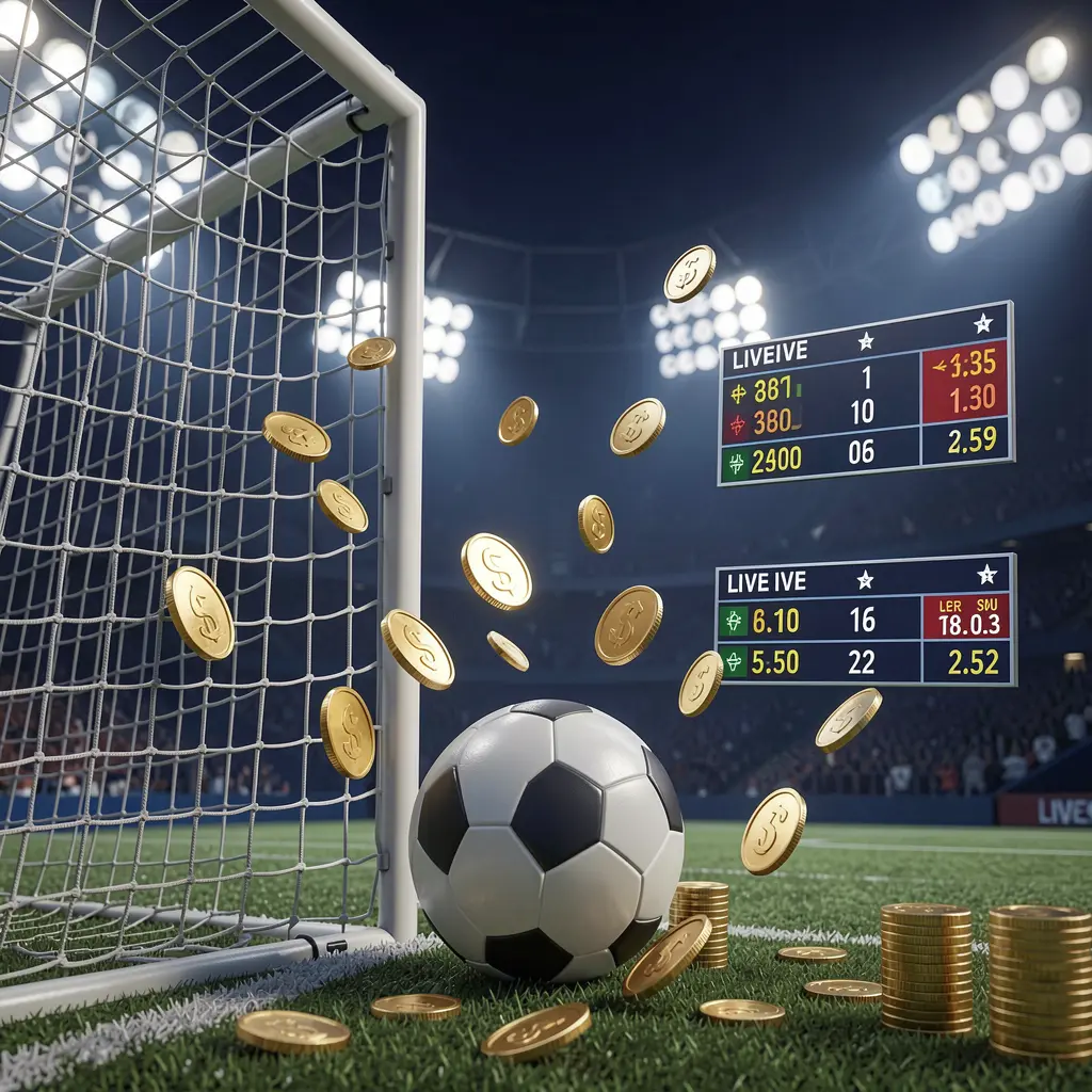 Render 3D realistis dari jaring gawang sepak bola dan bola sepak di bawah lampu stadion dengan koin dan panel skor langsung yang melayang pada latar belakang premium biru gelap, menampilkan taruhan olahraga SPN888 Render 3D realistis dari jaring gawang sepak bola dan bola sepak di bawah lampu stadion dengan koin dan panel skor langsung yang melayang pada latar belakang premium biru gelap, menampilkan taruhan olahraga SPN888
