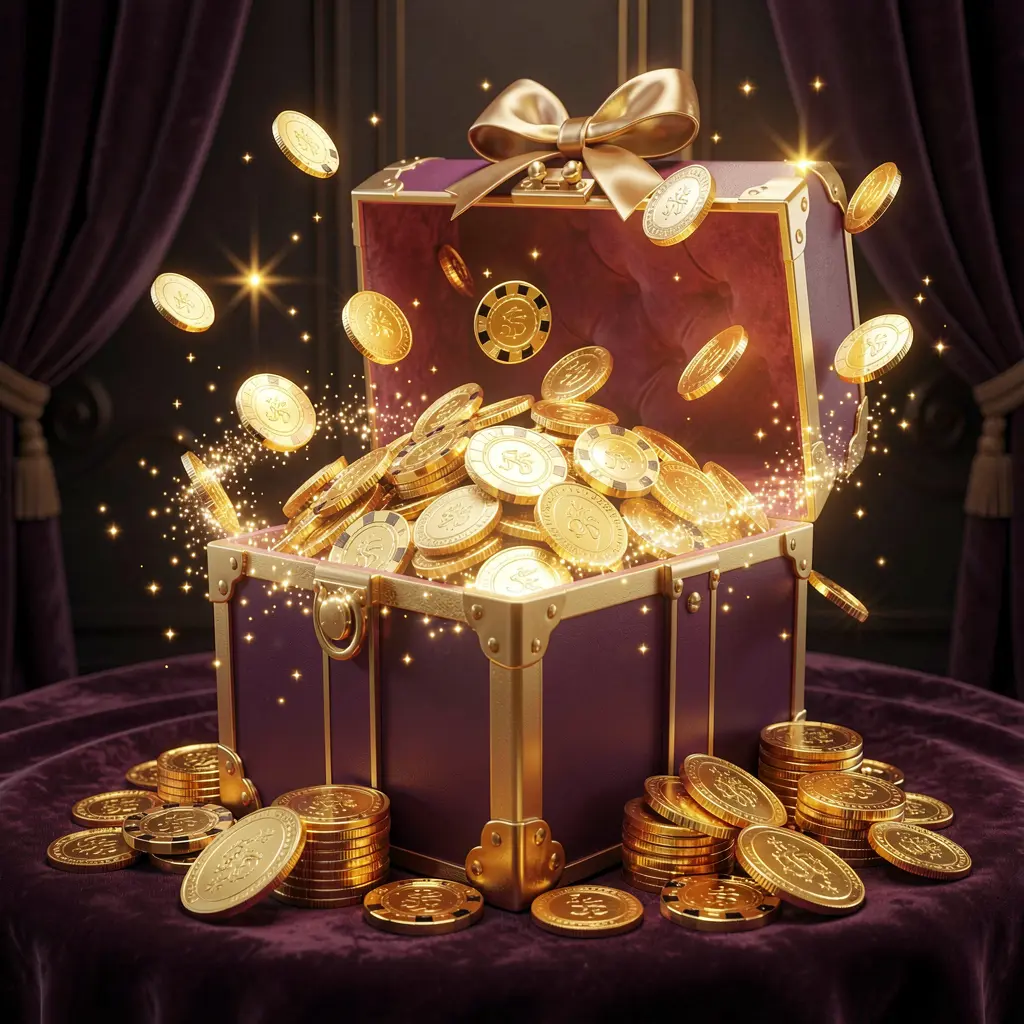 Konsep bonus kasino tanpa deposit SPN888 dengan kotak hadiah bercahaya berisi chip kasino gratis dan koin emas, dikelilingi efek kilauan magis pada latar belakang gelap mewah yang menciptakan suasana hadiah yang menarik Konsep bonus kasino tanpa deposit SPN888 dengan kotak hadiah bercahaya berisi chip kasino gratis dan koin emas, dikelilingi efek kilauan magis pada latar belakang gelap mewah yang menciptakan suasana hadiah yang menarik