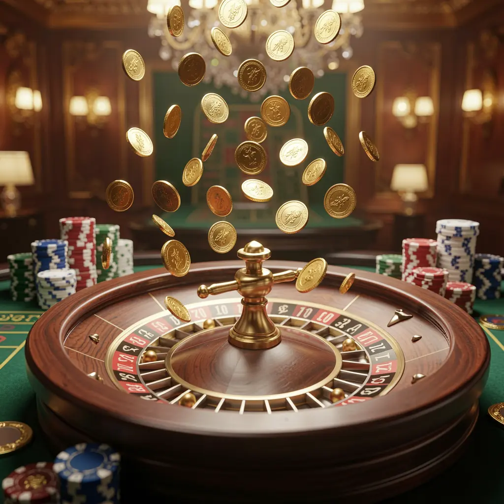 Spanduk kasino daring premium SPN888 dengan koin emas yang berjatuhan di atas roda rolet dan chip poker dengan latar belakang mewah bercahaya dalam render 3D realistis Spanduk kasino daring premium SPN888 dengan koin emas yang berjatuhan di atas roda rolet dan chip poker dengan latar belakang mewah bercahaya dalam render 3D realistis