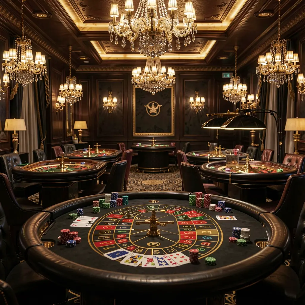 Lobi kasino daring mewah SPN888 dengan meja rolet bercahaya, lampu emas, chip poker, dan kartu dalam desain premium hitam dan emas Lobi kasino daring mewah SPN888 dengan meja rolet bercahaya, lampu emas, chip poker, dan kartu dalam desain premium hitam dan emas