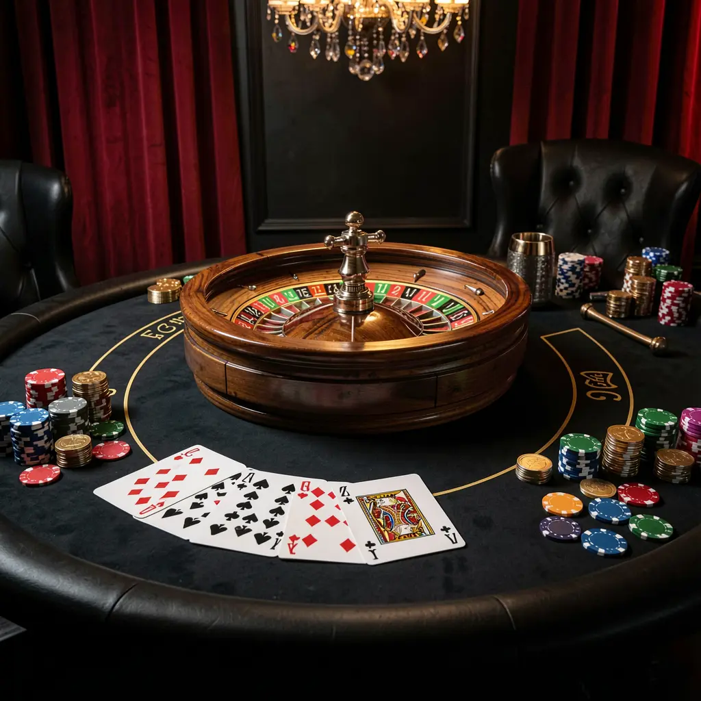 Meja permainan elegan yang menampilkan rolet, kartu blackjack, chip poker, dan koin dengan pencahayaan sinematik mewah pada latar belakang hitam dan merah, menampilkan platform kasino daring SPN888 Meja permainan elegan yang menampilkan rolet, kartu blackjack, chip poker, dan koin dengan pencahayaan sinematik mewah pada latar belakang hitam dan merah, menampilkan platform kasino daring SPN888